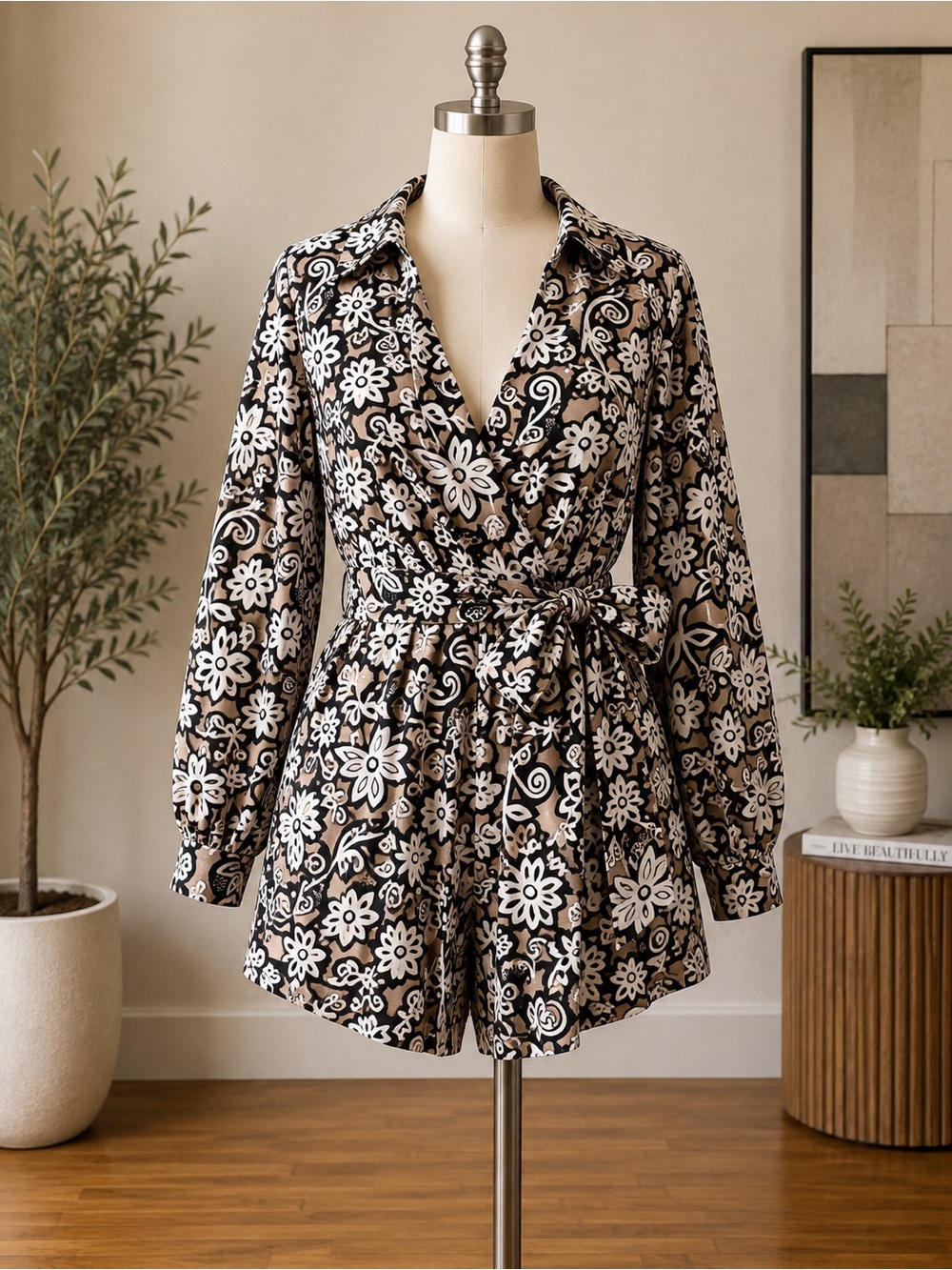 Diane Von Furstenberg Black and Cream Floral Tie-Waist Romper